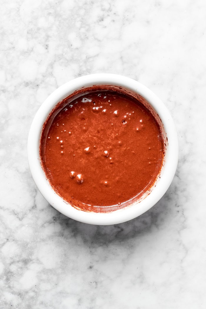 Overhead view of brownie batter in bowl